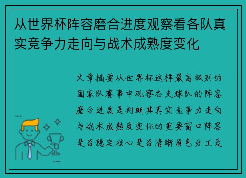 从世界杯阵容磨合进度观察看各队真实竞争力走向与战术成熟度变化
