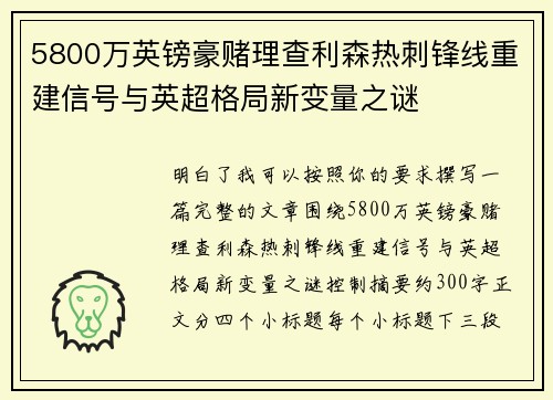 5800万英镑豪赌理查利森热刺锋线重建信号与英超格局新变量之谜 5800万英镑豪赌理查利森热刺锋线重建信号与英超格局新变量之谜
